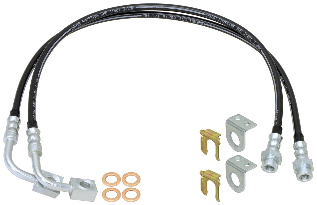 RockJock Brake Hose Kit, JK Front (2014-up), 35 in. Long w/ Single Groove End, Routes By Coil Bucket, Pair